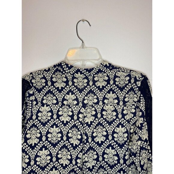 Honey Punch Damask Women's Long Sleeve Top Sz Small Blue Cream Sheer Sleeve EUC - Picture 6 of 6
